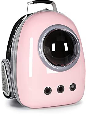 Galatée Katzenrucksack, Tragbarer Reise-Haustierträger, Belüfteter Raumkapsel-Haustierrucksack, Wasserdichter Klarer Haustierrucksack, Modischer Welpen-Tragerucksack(Graue Accessoires, Rosa + Schwarz)