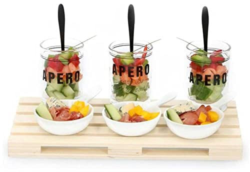 BAKAJI Set Aperitivo con 3 Ciotole Ciotoline in Ceramica + 3 Bicchieri e Vassoio Pallet da Tavola in Legno con Cucchiaini per Stuzzichini Contorni Snack Finger Food Design Moderno 24 x 16 x 2 cm