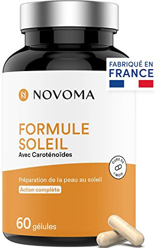 NOVOMA Formule Soleil, Activateur et Accélérateur de Bronzage, 7 Actifs Naturels dont Bêta-Carotène, Bardane et Cuivre, Préparation et Protection de la Peau, 60 Gélules, Fabriqué en France