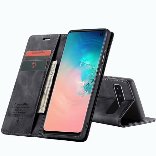 CaseMe Hülle für Samsung Galaxy S10 Vintage Dünne Handyhülle mit Kartenfach Geld Slot Ständer PU Ledertasche Flip Schutzhülle für Samsung Galaxy S10- Schwarz