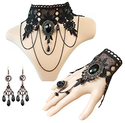 Borsgye Gothic Choker Halskette Armbänder Ohrringe Schmuck Schwarz Spitze Vampir Armband Lace Collier Kette Fingerlose Handschuhe Victorian Steampunk Vintage Halsband für Halloween Ostern - FY008