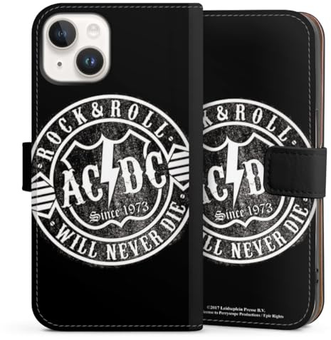 Klapphülle kompatibel mit Apple iPhone 14 Handyhülle aus Kunst Leder schwarz Flip Case ACDC Logo Fanartikel