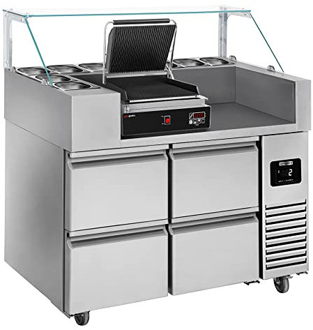 GGM Gastro | ZBF127DN#DKGJ322#2SBF | Zubereitungstisch - 1210mm - 4 Schubladen - für 9x GN 1/6 - inkl. Digitalem Kontaktgrill