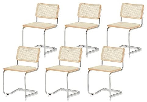 KHG 6er Set Schwingstühle Freischwinger chrom - Rückenlehne und Sitzfläche aus Massivholz Buche und Rattan - Esszimmerstuhl, Küchenstuhl Design Stuhl mit Wiener Geflecht