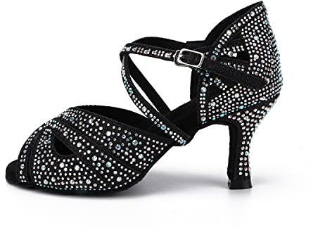 Syrads Scarpe da Ballo da Donna Latine da Sala da Ballo Sociale per Feste da Sera, Nero, Tacco 7.5cm, 38 EU