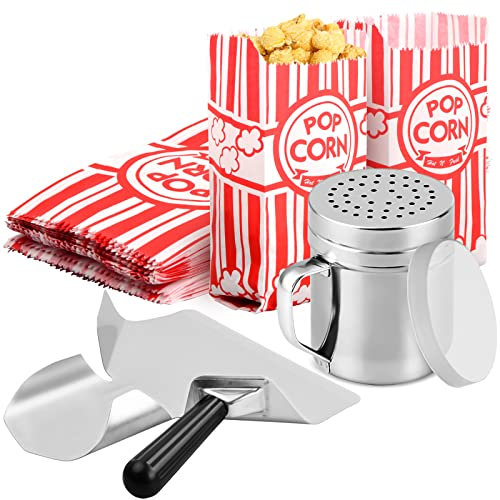 202 Pcs Juego de Palomitas de Maíz, Bolsa para Palomitas de Maíz, Pala para Patatas Fritas, Esparcidor de Polvo Acero Inoxidable con Asa para Cine en Casa, Herramientas de Filmación