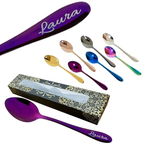 SpoonFromTheMoon Personalised Tea Spoon - Heavy-Duty Metal Mini Spoon for Serving, Gifting, and Home Decor with Customized Able Engraved on The Handles | 7 Optional Colors in Gift Box | 15 cm