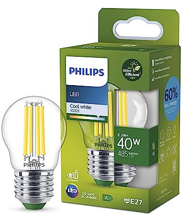Philips Ultra Efficient - Ultra Energy Saving Lights, LED Light Source, 40W, P45, E27, Cool White 4000 Kelvin, Clear