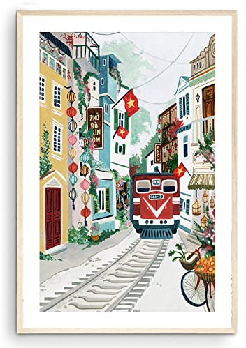 Nationcog Hanoi Vietnam Kunstdruck, Zugstraße Vietnam, Südostasien, Rucksackreisen, vietnamesische Wandkunst, Reisegeschenk, Reiseposter, Einweihungsgeschenk, Heimdekoration (ungerahmt) (30,5 x 45,7