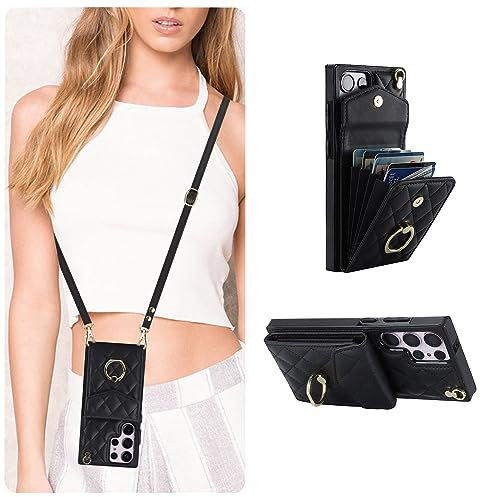 QLTYPRI Handyhülle für Samsung Galaxy S22 Ultra Hülle mit Band, Mikrofaser Leder Handykette Case mit Kartenfach Ringständer RFID Schutzhülle Lederhülle Tasche Etui für Samsung S22 Ultra - Schwarz