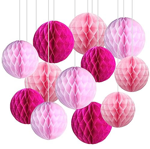 CC wonderland zone 12pcs Pink Paper Honeycomb Balls,Hanging Tissue Pom poms for Party Decoration,6inch&10inch
