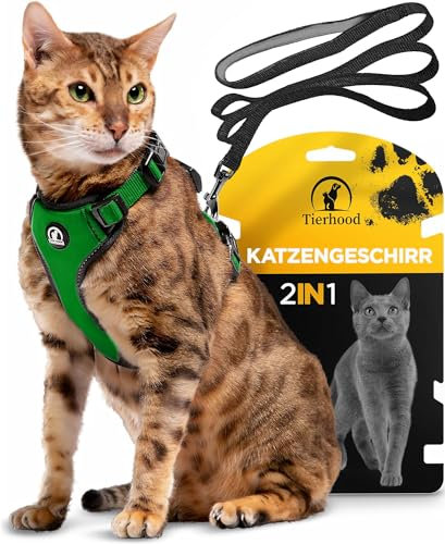 Tierhood Katzengeschirr mit Leine [Neue, LEICHTE Version] - Katzenleine mit Geschirr für Katzen und Kitten - Katzen Geschirr Set mit Leine - Kontrollierte Freiheit - Grün, Größe S