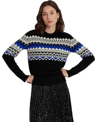 Lauren Ralph Lauren Women's Fair Isle Wool-Blend Crewneck Sweater, Black/Cream/Sapphire Star, XL