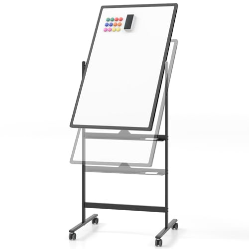 GOPLUS Tableau Blanc Effacable sur Pied, Double Face Magnetique 60x90 cm, Tableau Rotatif 360°, Paper Board, Hauteur Réglable 151-178 cm, avec Roulette, Aimant, Marqueurs et Effaceur, Idéal pour École