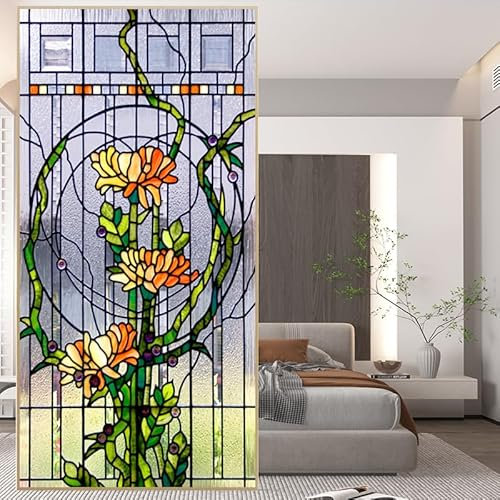 Acmore Fensterfolie, Frosted Buntglas-Muster, Wärmeregulierung, Anti-UV-Schutz, Fensteraufkleber, kleberfrei, statisch haftend, Fensterdekoration, B 23,6 x H 72,8 (60 x 185 cm)