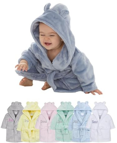 Hoolaroo Personalised Baby Dressing Gown Baby Bath Robe With Teddy Ears Personalised Baby Gifts Newborn Kids Toddler Custom BathRobe Towel Girl Boy Clothing (Dusky Blue, 0-6 Months)