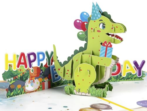GREETING ART Pop Up Karte Dinosaurier,Geburtstagskarte Dinosaurier,Popup Karte Geburtstag,Glückwunschkarte mit Dinosaurier Kindergeburtstag,Karte mit Pop up 3D Dino