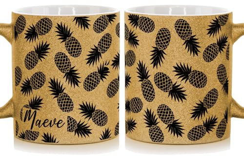 Personalised Mug and Belgian Milk Chocolate/Hot Chocolate Stirrer Marshmallow Gift Set, Customised with Name,Ceramic 11oz Gold, Silver, Blue, Pink Glitter Mug with Pineapple Mug Design, Pineapple Mug