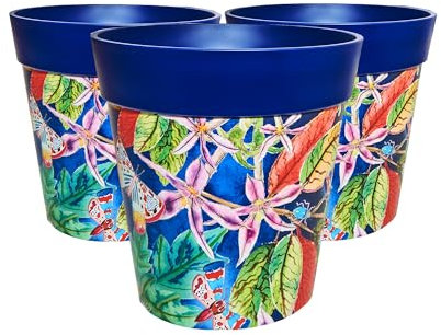 Hum Flowerpots, 25cm Set of 3, Various Patterns Colours and Sizes, Indoor/Outdoor Plastic Plant Pots (Blue Leaves)
