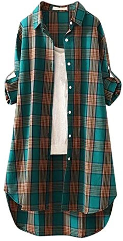 Blouse Femme Carreaux- Chemise Oversize Long-Top Manche Longue Grande Taille Ample Printemps Eté Tops Classique Regular Fit Comfy De Mode Hauts DéContractée Chemisers