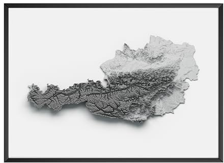 MJ-GRAPHICS® | Österreich Reliefkarte Poster - Landkarte in 3D Reliefstil - Wanddekoration für Büro, Schlafzimmer, Wohnzimmer & Bildung Österreichkarte - Fine Art Kunstdruck 300g A4 - ohne Rahmen