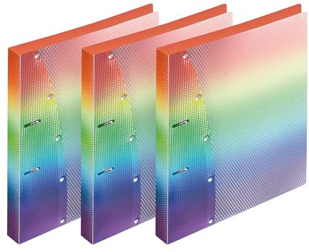 VELOFLEX 1141404-3 - Ringordner Rainbow Diamond DIN A4, 3 Schulordner mit 2-Ring-Mechanik, Ringbuch aus PP