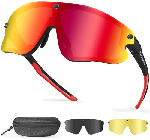 Odoland Polarized Magnetic Sports Sunglasses, Black Frame Plated Red Lense, Replaceable Grey Lense and Night Vision Lense for Men Women Adult for Riding Driving Fishing