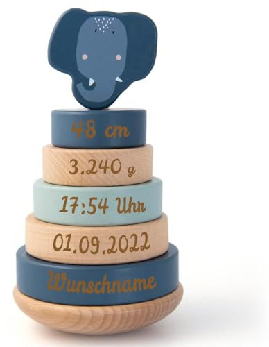 Personalisierter Stapelturm aus Holz von Trixie mit Namen und Geburtsdaten graviert Geburtsgeschenk Elefant
