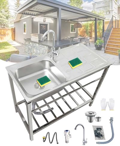 Jpquantrics Catering Lavello Cucina in Acciaio Inox Lavabo da Esterno con Rubinetto con Rubinetto Robusto E Stabile Lavabo di Utilità per Lavanderia Base Garage Hotel Lavello Portatile(83x50xH75cm)
