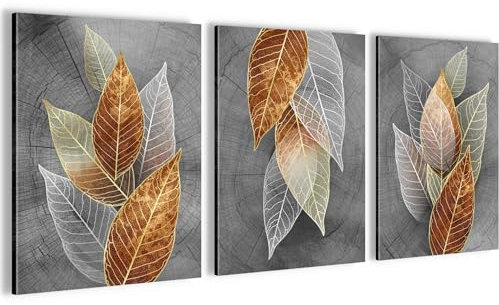 Novart Wandbilder Set Abstrakt Blätter - KOMPLETT AUFHÄNGFERTIG - Wohnzimmer Schlafzimmer Flur Deko - 3 Moderne Bilder Grau - N035435b