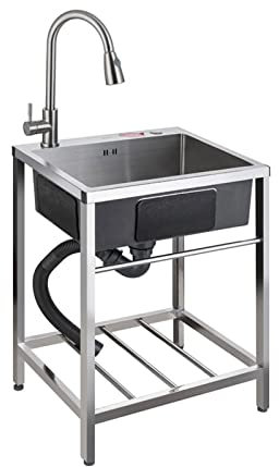 HanDpi Évier Simple extérieur en Acier Inoxydable à Support de débit 1 évier à réservoir Autonome évier à réservoir Unique évier de Cuisine extérieur/intérieur pour Robinet à débit Simple en Acier