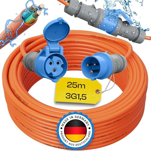 maxgo Camping Stromkabel 25m Wohnwagen Kabel Wohnmobil CEE Stecker Verlängerungskabel Orange 3x1,5 Campingkabel 25 Meter Strom Verlängerung H07BQ-F PUR Outdoor Mennekes