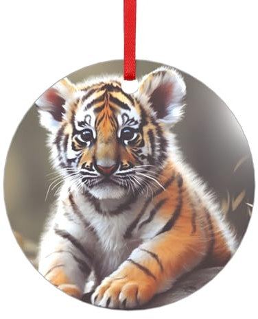 Tiger Weihnachtsschmuck Runde Form Acryl Hängende Ornamente für Heimdekoration 2024 Geschenke Acryl Anhänger mit rotem Seil Weihnachtsbaumschmuck für Feiertagsparty