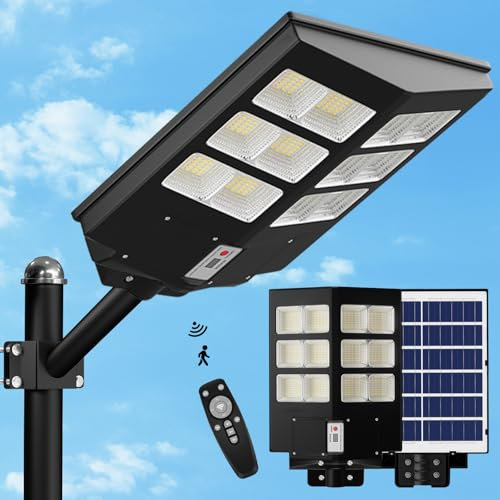 iodoo Lampadaire Solaire Exterieur 6000 W avec Détecteur de Mouvement - 240 LED Véritables 36000 lm, Eclairage Grand Angle, Etanches IP66, Spot Solaire pour Aire de Jeux et Cour