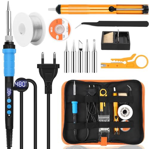Dreamhigh® Saldatore a Stagno Kit 80W LCD Temperatura Regolabile 180-480℃ Saldatore A Stagno Professionale 14 in1 con Interruttore, Saldatore Elettrico A Stagno Adatto a principianti