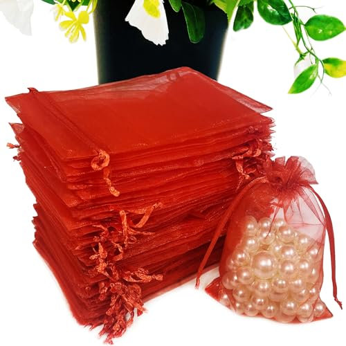 SIAGCRAW 100 rote Organza-Beutel, 10,2 x 15,2 cm, kleine Netzbeutel, Kordelzug, kleine Geschenktüten für Süßigkeiten, Schmuck, Party, Hochzeit, Gastgeschenk, kleine Geschenke