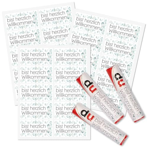 younikat 30er Eukalyptus Aufkleber-Set Herzlich Willkommen I Gastgeschenk passend für Duplo Riegel I Rechteckig I you0043