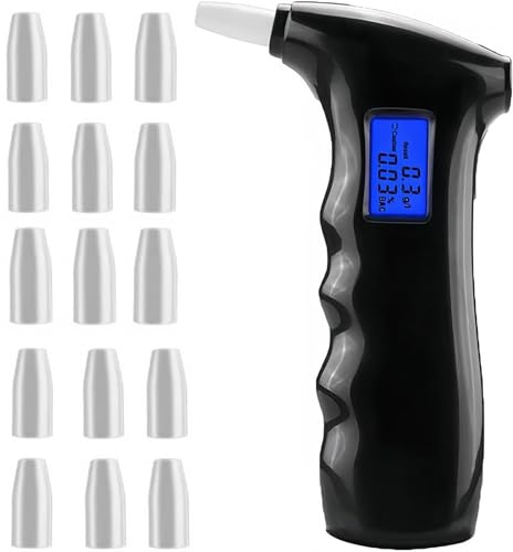 ZUSKYZU Alkoholtester, Polizeigenau Alkoholmessgeräte Promillemessgerät mit 15 Mundstücke，Professioneller Alkohol Tester Promilletester mit LCD-Bildschirm und Halbleiter Sensorik