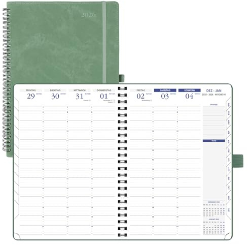 POPRUN Terminplaner 2026 A4 Ringbuch auf Deutsch - Wochenplaner mit 15-Minuten-Taktung & Monatsregister. Kalender 2026 Buchkalender mit PU-Leder Softcover - Mitternachtsgrün