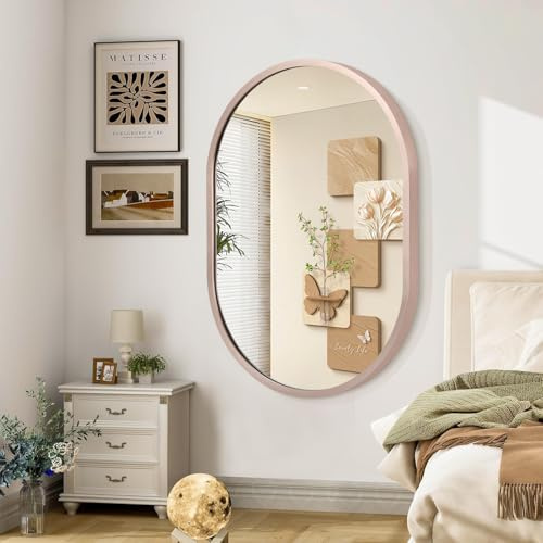 JJUUYOU Ovaler Wandspiegel mit Metallrahmen, runder Hängespiegel für Badezimmer, Schminkspiegel, 70 × 50 cm, große Aluminiumlegierung, Make-up-Spiegel für Eingangsbereich, Wohnzimmer, Schlafzimmer