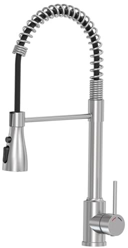 SREWOHS PRO Rubinetto da cucina Spring Arc Alto, 360° Rotante, 4 Modalità Spring Miscelatore Cucina, Acciaio Inox Spazzolato, Adatto per Lavelli a 1 Foro, Rubinetteria Commerciale