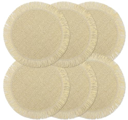 fanquare Papier Platzsets Set von 6 Beige Bauernhaus gewebte runde Tischsets für Tisch, hitzebeständige abwischbare Platzsets für Party Küche Esszimmer 38cm