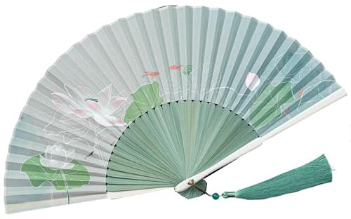 GFM® Bamboo Silk Handheld Folding Japanese Chinese Hand Fan Fan for Summer, Wedding (FLSLK-MR-E) (F45-1-Lotus-Green White) (FSLK-F45-1)