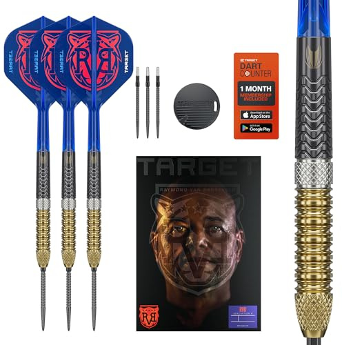 Target Darts Raymond Van Barneveld Steeldarts Generation 6-Dartpfeil-Set, 23 g | 95-%-Tungsten-Dartpfeile, K-Flex No. 2 Flights und Schäfte, Schwarze Swiss Chrono-Points und SP-Tool inkludiert