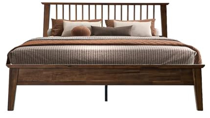 Queen Size Solid Wood Platform Bed Frame with Headboard & Footboard, Centre Metal Legs, 12 Sturdy Slatted Base, Easy Assembly, No Box Spring Needed, Noise-Free & Slip-Free, Walnut Finish YUQ-37