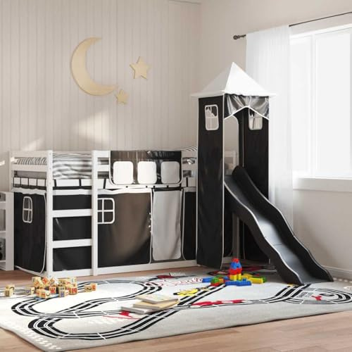 Bucmath Massives Kiefernholz Etagenbett mit Rutsche, Weiß/Anthrazit, 80x200 cm, Kinder Hochbett mit Vorhängen, Absturzsicherung, Spielbett für Kinderzimmer