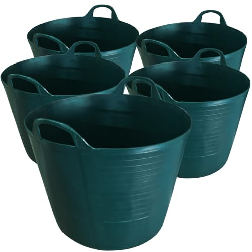 5x 42L Green Flexible Tub - Multi-purpose Garden Tubs with Handles - Builders Buckets Heavy Duty - Ideal Plastic Bucket - Durable Flexible Plastic Baskets
