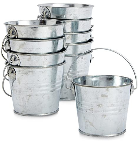 Juvale Kleiner Metalleimer (Set, 10 Stück) – Kleine Metalleimer mit Griff zum Tragen und Aufhängen – Ideal für kleine Geschenke, Süßigkeiten, Kräuter, Blumen, Kerzen - Dekoration – Silberfarben