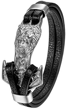 Flongo Herren Leder-Armband, Edelstahl Leder Armband Armreif Lederarmband Manschette Silber Gold Schwarz Löwenkopf Thors Hammer Motorradfahrer Biker Gotik Männer Herrenarmband Herren-Accessoires