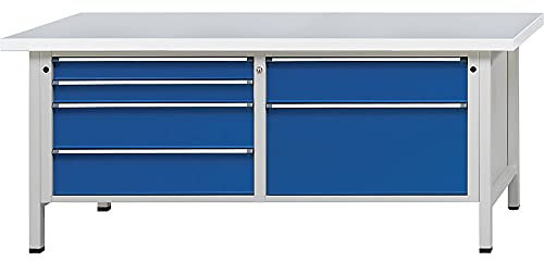 Werkbänke 2000 mm breit, Gestellbauweise, 6 Schubladen, Universalplatte, Höhe 890 mm.